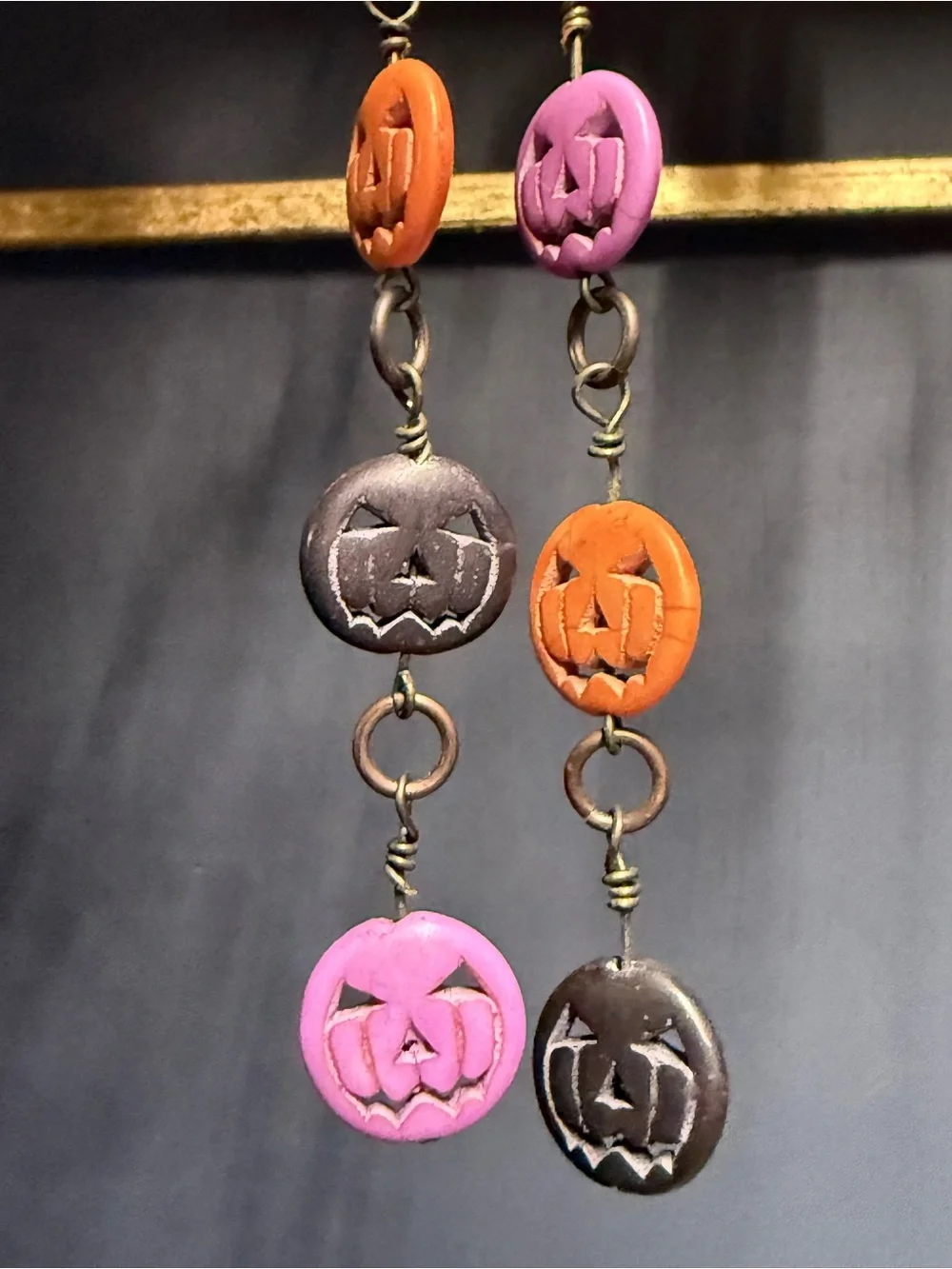 Handmade Stacked Jack-O-Lantern Pumpkin Drop Earrings | Purple Orange Black